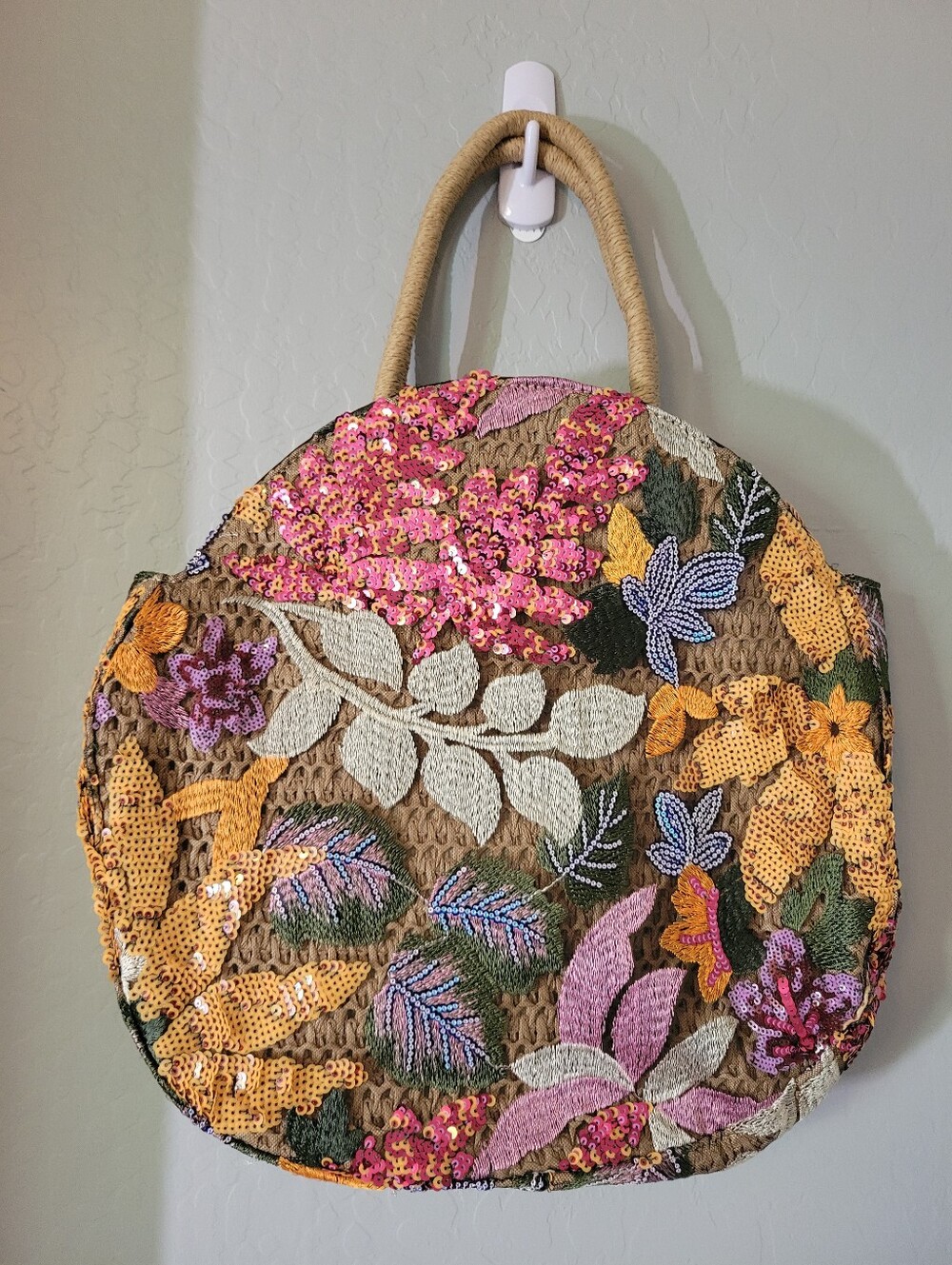 Embellished Floral Straw Tote Bag in Pink, Yellow & Tan